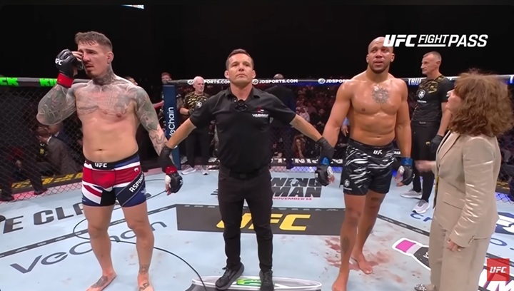 Disputa de cinturão entre Tom Aspinall e Ciryl Gane terminou em No Contest (sem resultado) no UFC 321 (Foto: Reprodução/UFC)