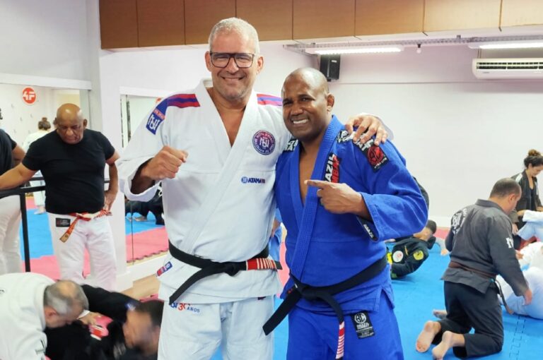 Rafael Carino e Fernando Tererê durante o seminário no Dojô Recuperação (Foto: Deive Coutinho)