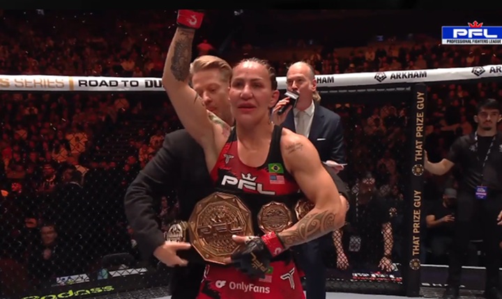 Após manter o cinturão peso-pena da PFL, Cris Cyborg pretende fazer sua última luta no MMA em 2026 (Foto: Reprodução/PFL)