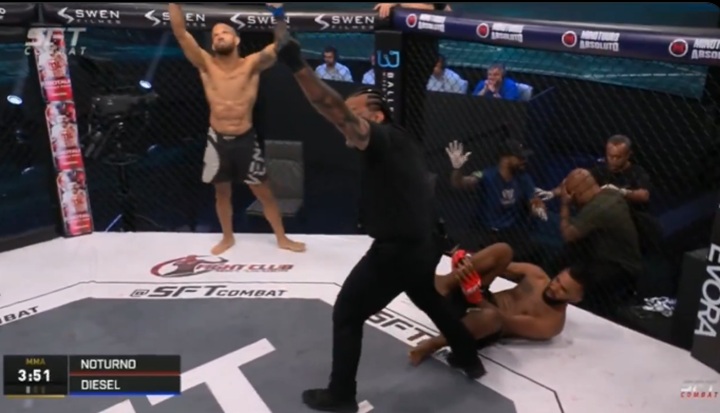 Igor "Noturno" Elizeu sofreu grave fratura na perna durante duelo contra Pedro Morais no SFT 58, no último sábado (13) (Foto: Reprodução)