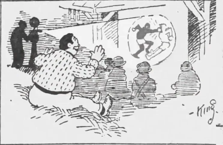 Cartoon em jornal da época retratando exibição clandestina do filme da luta (Foto: Reprodução)