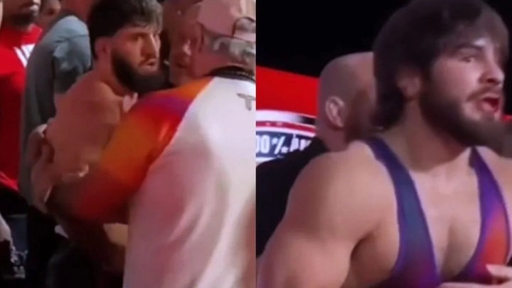 Peso-leve do UFC, Arman Tsarukyan acerta soco e joelhada em adversário após vitória na Real American Freestyle e gera tumulto (Foto: Reprodução)