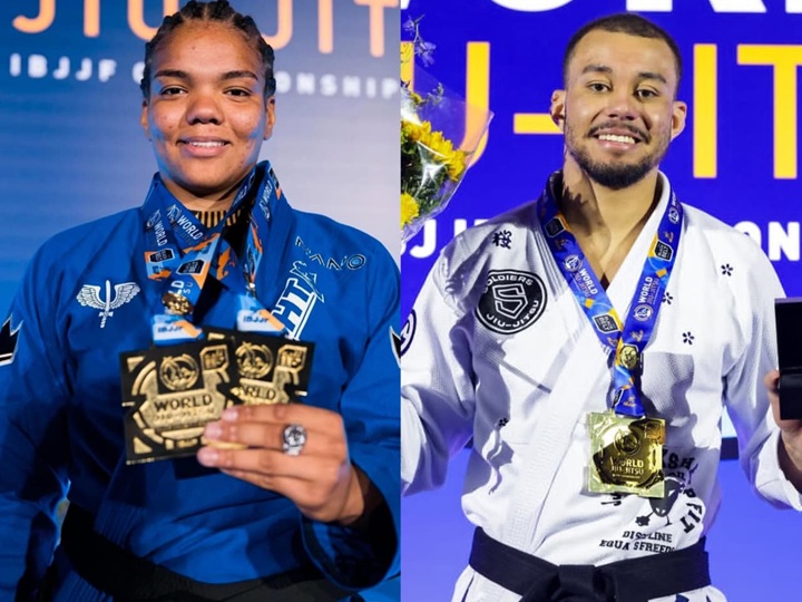 Gabi Pessanha faturou o ouro duplo no Mundial de Jiu-Jitsu da IBJJF, enquanto Erich Munis levou o título do absoluto entre os homens (Foto: Reprodução/IBJJF)